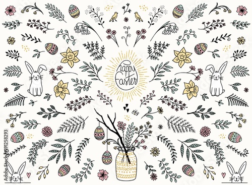 Hand sketched floral design elements for Easter, flowers, leaves, Easter eggs and bunny for text decoration