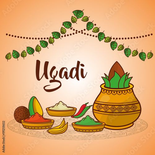 ugadi ceramic pot food spices coconut decoration traditional vector illustration