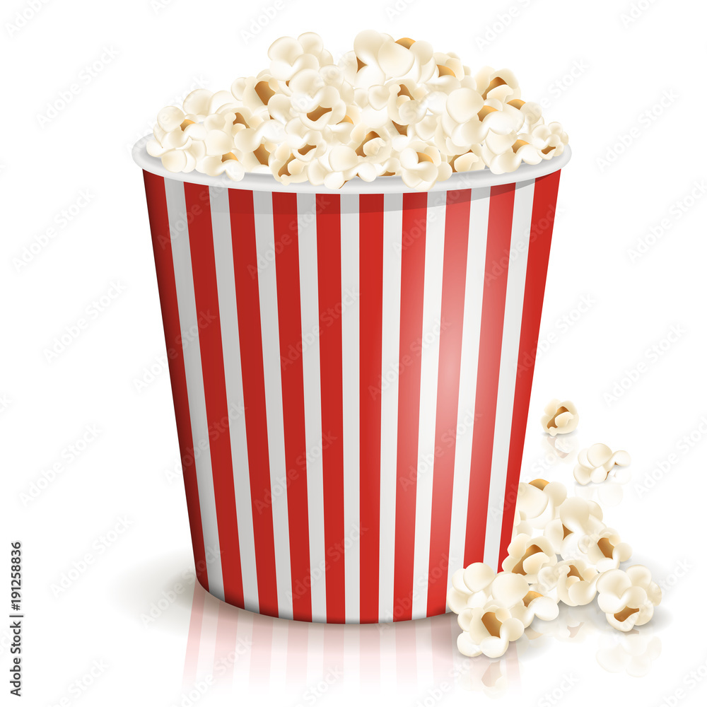 A full red-and-white striped bucket of fluffy popcorn isolated on the white background. Vector illustration. Popcorn fallen from cardboard or paper bucket. Cinema snack and movie food. A full red-and-white striped bucket of fluffy popcorn isolated on the white background. Vector illustration. Popcorn fallen from cardboard or paper bucket. Cinema snack and movie food.