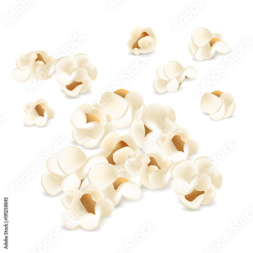 Portion of popcorn. Realistic vector illustration. Spilled, strewed, scattered popcorn isolated on the white background. Cinema snack and movie food.
