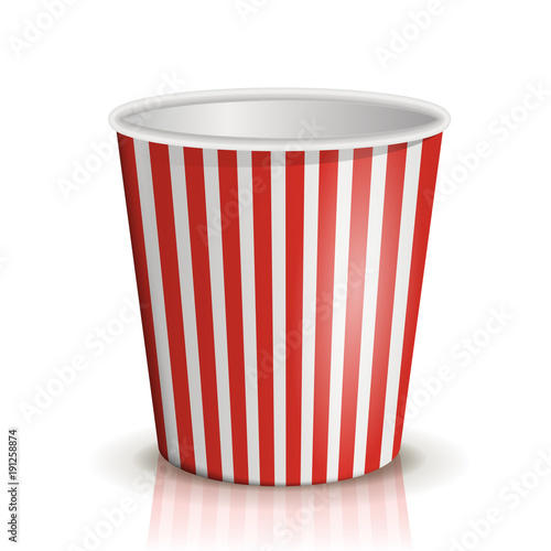An empty red-and-white striped bucket of popcorn isolated on the white background. Vector illustration. Cardboard or paper bucket. Cinema snack and movie food.