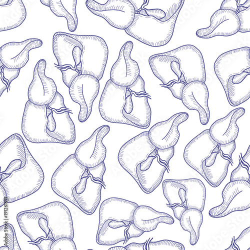 Sketch Ink Human liver, hand drawn seamless Pattern Background, Engraved Anatomical illustration. Vector