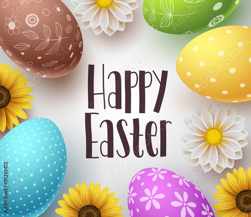 Happy easter vector background design template with greeting typography text, flowers and colorful easter eggs elements in white background for easter celebration. Vector illustration.
