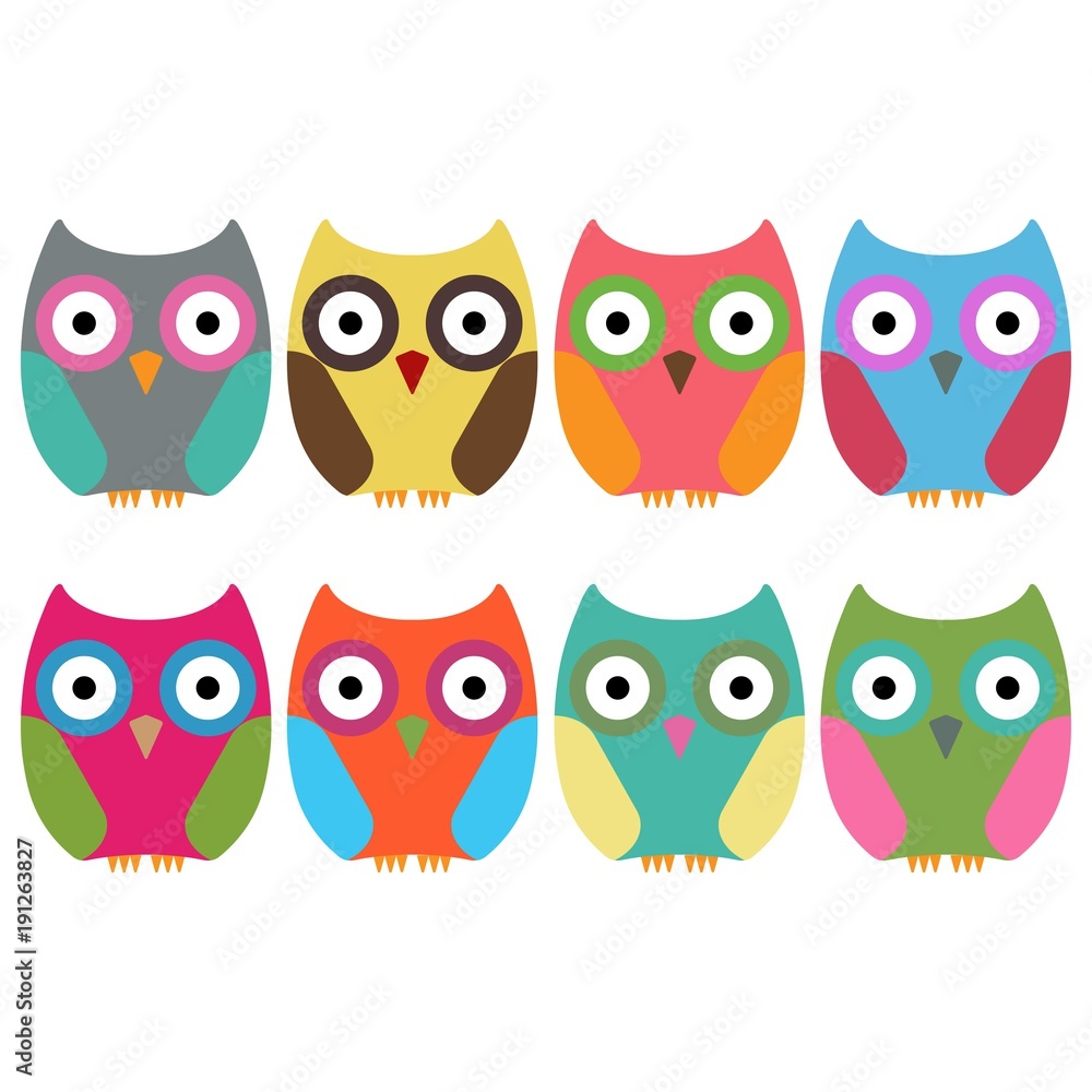 eight colorful owls eight colorful owls