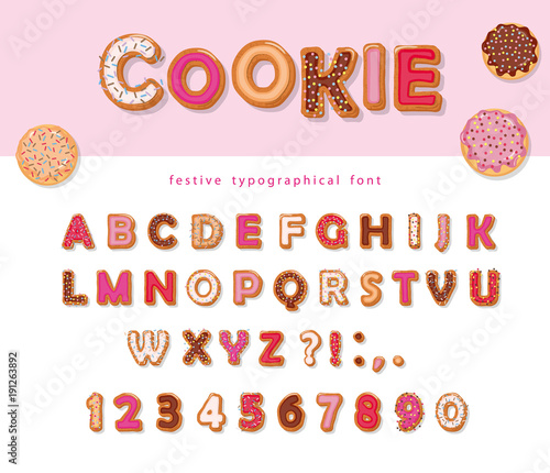 Cookie hand drawn decorative font. Cartoon sweet ABC letters and numbers. For birthday or Valentines day cards, cute design for girls.