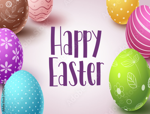 Happy easter vector banner design with colorful eggs elements and greeting text in white background. Easter greeting card design template with eggs boarder. Vector illustration.
