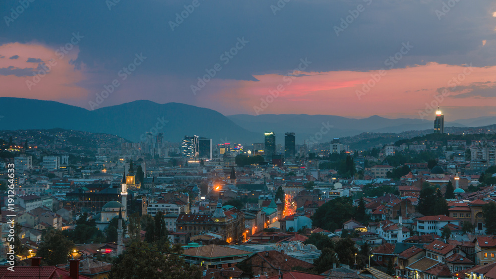 Warm rainy evening in Sarajevo, beautiful skyline at dusk