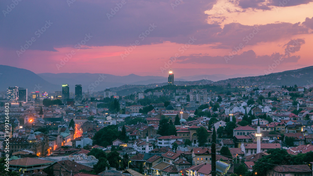 Warm evening in Sarajevo, beautiful skyline at dusk with purple touch