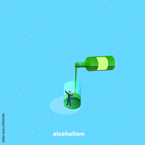 in the glass is a man in a business suit and on top of the bottle is pouring alcoholic beverage, isometric image