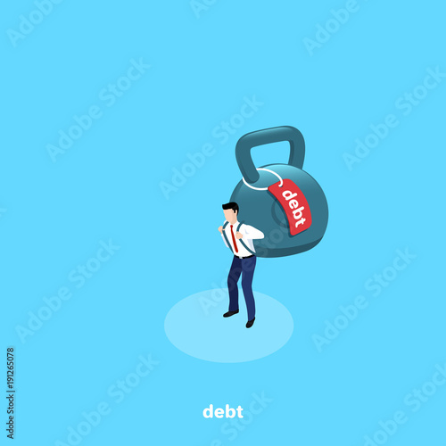 a man in business clothes carries like a backpack behind his back a huge weight, an isometric image