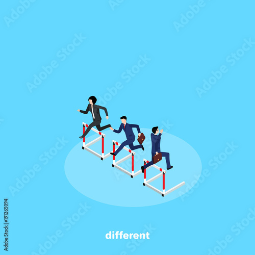 people in business suits compete in running with obstacles but run in different directions, an isometric image