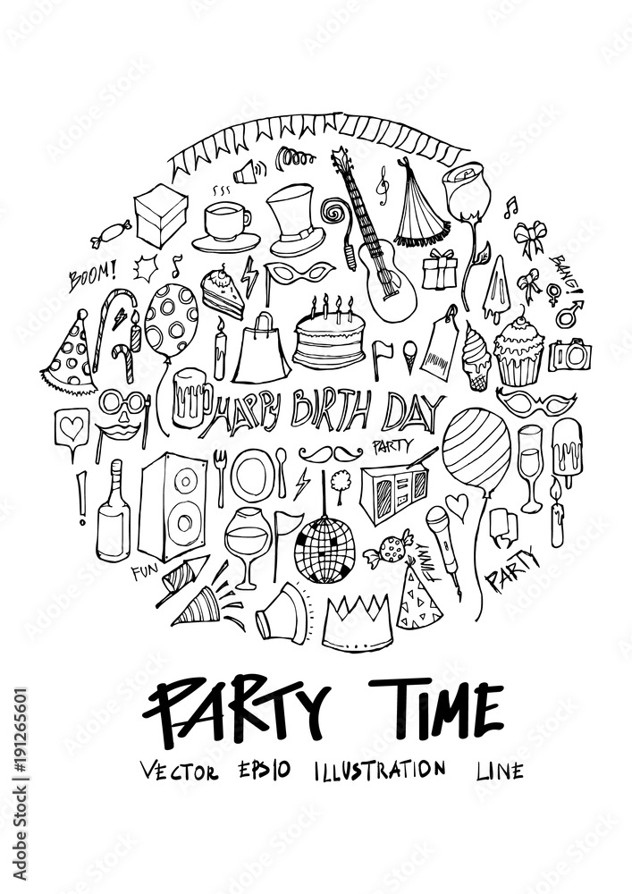 Black Line Party doodle illustration circle line sketch style eps10
