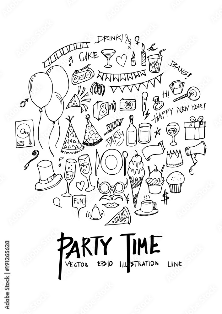 Black Line Party doodle illustration circle line sketch style eps10