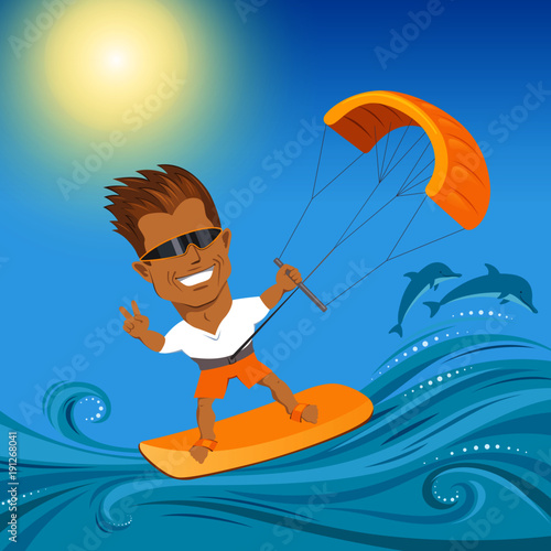 Kitesurfing. Man in sunglasses, waterboard on summer sea - vector editable illustration. Extreme sport concept for poster, banner, card. 