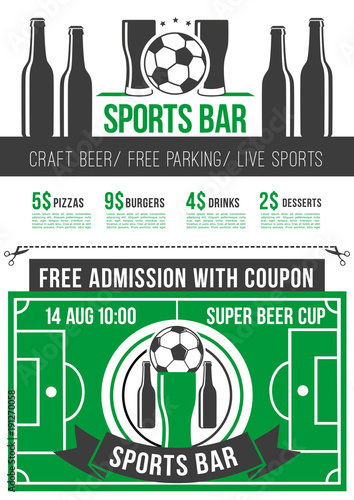Sport bar menu poster with soccer ball and beer