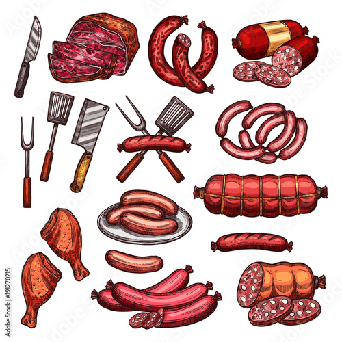 Grill meat and sausage sketch for barbecue design