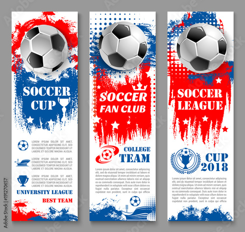 Football sport game banner of soccer ball, trophy