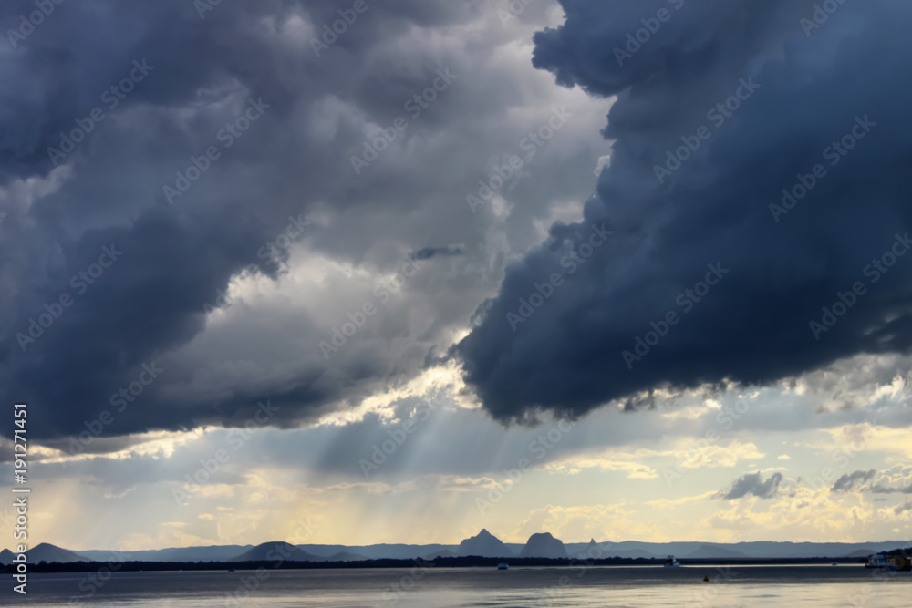Rain on the Glass Mountains of Australia viewed from Bribie Island