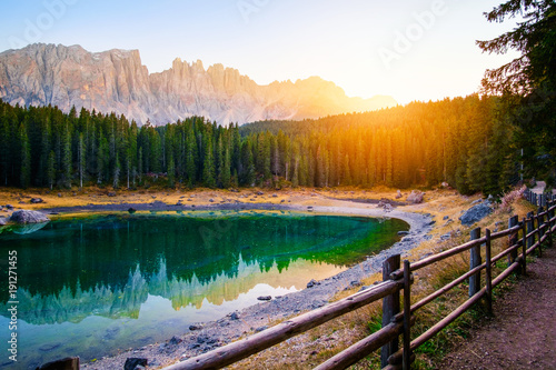 Carezza lake in Dolomites Alps . Italy photo