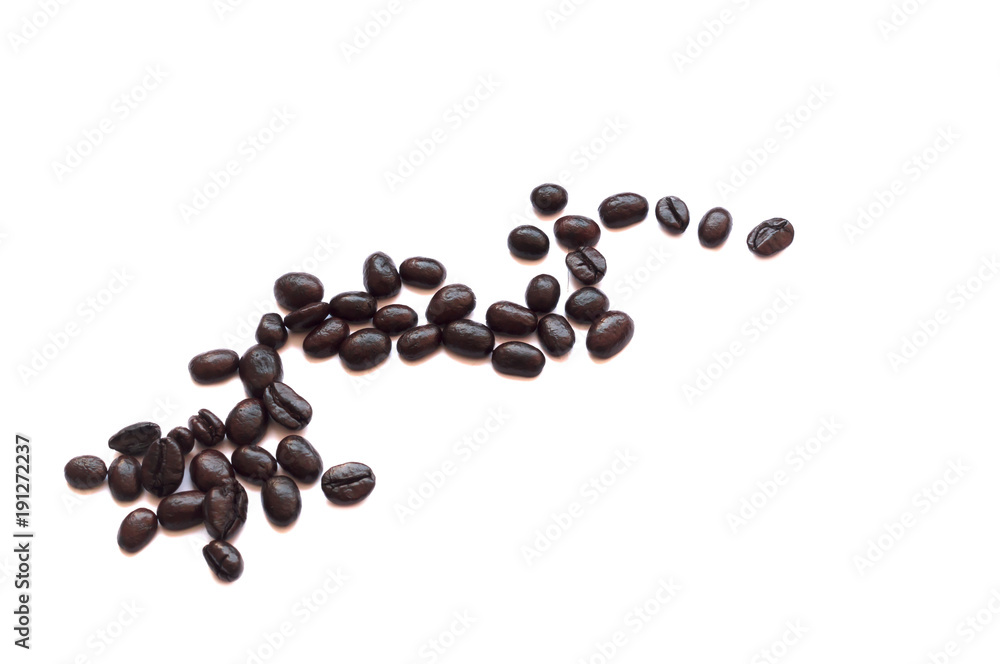 roasted coffee beans in scattered shape on white background, isolated picture roasted coffee beans in scattered shape on white background, isolated picture