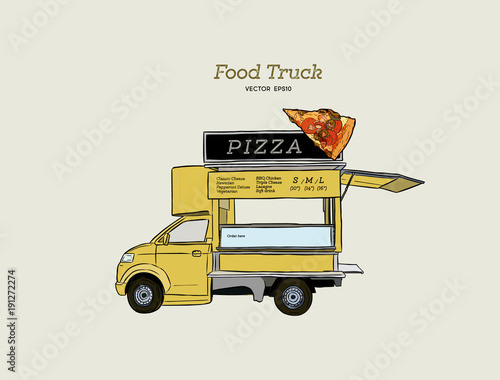 Mobile food truck. Van with pizza. Vector illustration.