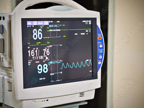 Vital sign monitor medical equipment show normal vital sign except hypertension or high blood pressure in emergency room