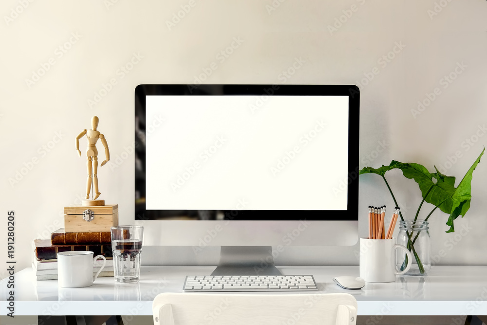 Mockup desktop computer and accessories on desk, Workspace and desktop ...