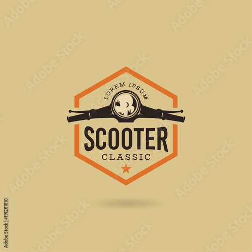 Classic scooter emblem. Vector illustration of vintage scooter. Transportation logo