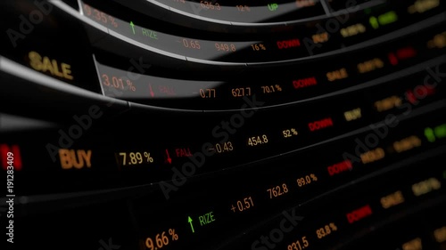 3d render abstract financial background. Market shares and percentage show on digital curved 
screen. Economic board. Looping background.
