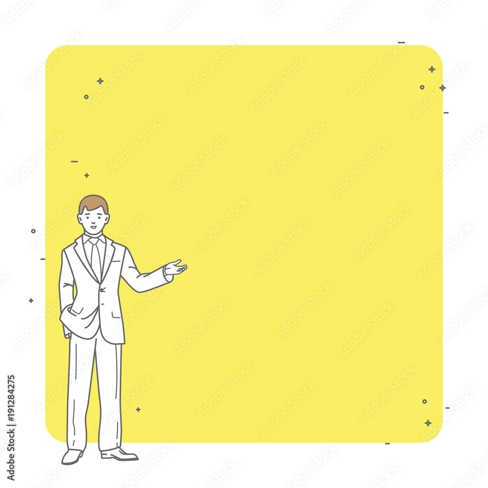 Businessman shows a quotes. Vector illustration line art design. Isolated on background. Place for text, messages, comments. Template for phrase. Businessman shows a quotes. Vector illustration line art design. Isolated on background. Place for text, messages, comments. Template for phrase.