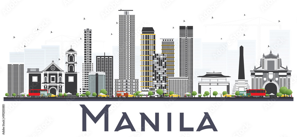 Manila Philippines City Skyline with Gray Buildings Isolated on White Background.