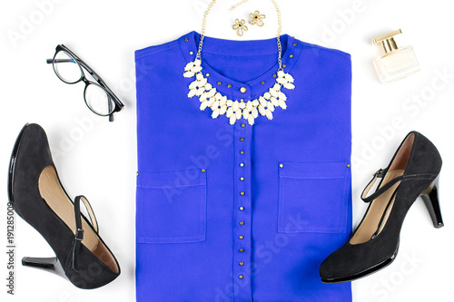 Female smart casual style clothing and accessories -purple shirt, black heels, fashion accessories.