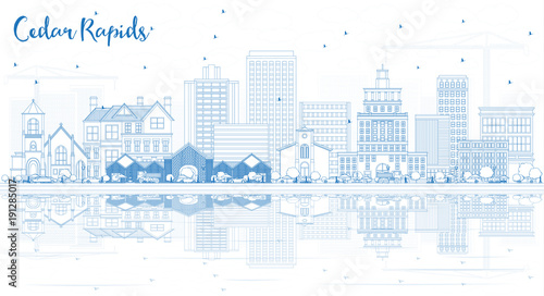 Outline Cedar Rapids Iowa Skyline with Blue Buildings with Reflections.