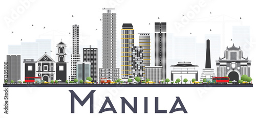 Manila Philippines City Skyline with Gray Buildings Isolated on White Background.