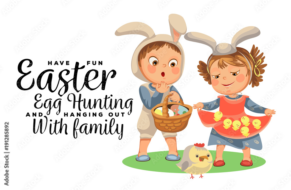 little girl smile holding in her dress chickens, baby in apron with rabbit ears headband, happy boy easter bunny mask for costume holding basket for hunting eggs vector illustration isolated on white