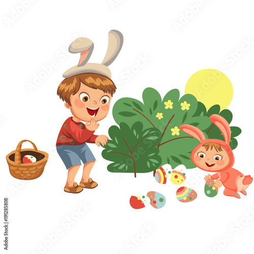 Little boy smile hunting decorative chocolate egg under brush in easter bunny costume with ears and tail, vector illustration, spring holiday fun, isolated on white, paschal basket for eggs hunter