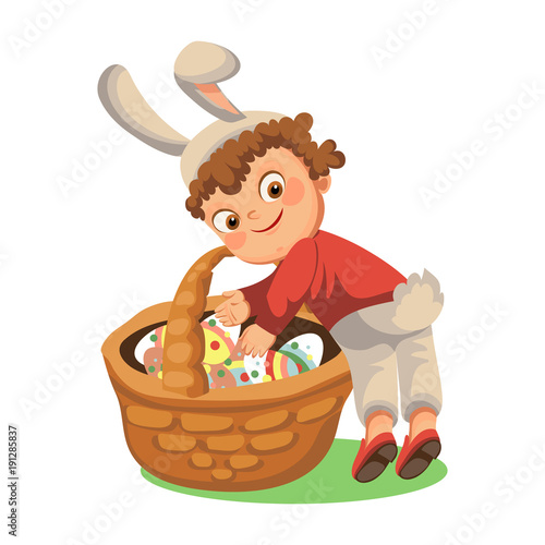 Little boy smile hunting decorative chocolate egg in easter bunny costume with ears and tail vector illustration, spring holiday fun, isolated on white, paschal basket for eggs hunter