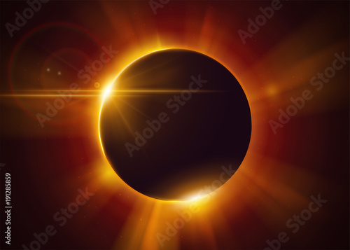 Total Solar Eclipse. Natural Astronomical Phenomenon. Shadow of the Moon and Aura of Solar Corona. Realistic Effect with Gold Light and Sun Rays.