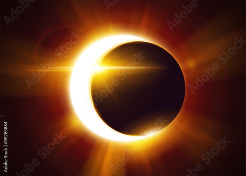 Partial Solar Eclipse. Natural Astronomical Phenomenon. Shadow of the Moon and Aura of Solar Corona. Realistic Effect with Gold Light and Sun Rays.