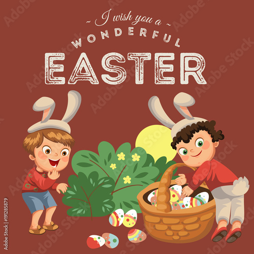 Little boy smile hunting decorative chocolate egg under brush in easter bunny costume with ears and tail, vector illustration, spring holiday fun, isolated on white, paschal basket for eggs hunter