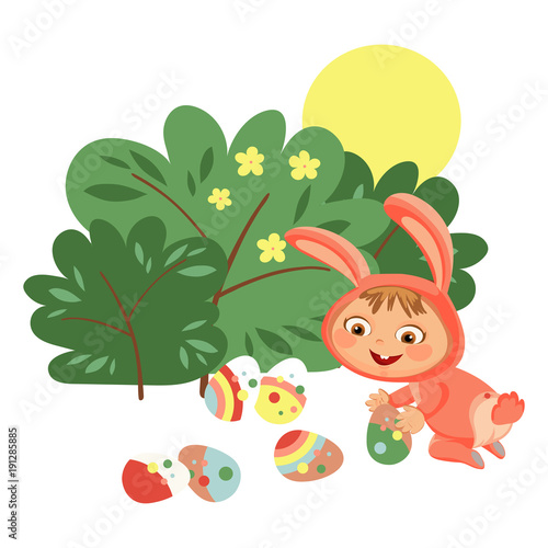 Little girl or boy hunting decorative chocolate egg under brush in easter bunny costume with ears and tail  vector illustration  spring holiday fun isolated on white