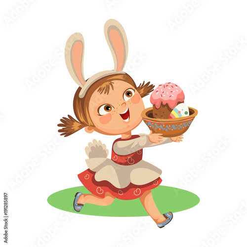 Little girl smile running hunting decorative chocolate egg in easter bunny costume ears and tail vector illustration, spring holiday fun isolated on white, baby run with paschal basket for eggs hunter