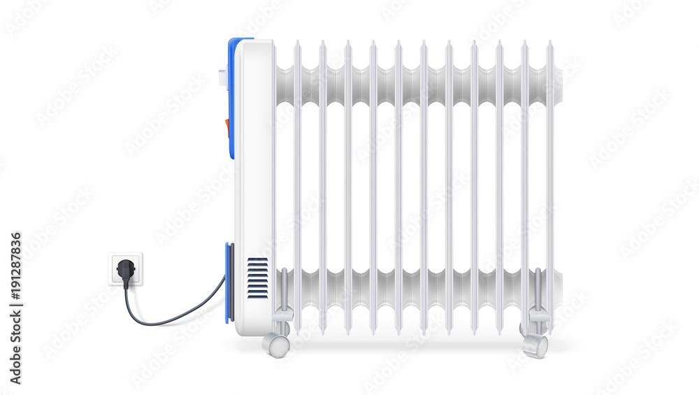 Icon of oil radiator isolated on horizontal white background. White, electric oil filled heater. Vector, resizable symbol of convector. Icon of oil radiator isolated on horizontal white background. White, electric oil filled heater. Vector, resizable symbol of convector.
