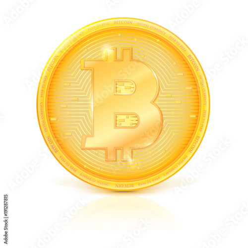 Coin of virtual currency Bitcoin with shadow and reflection. Icon of golden money symbol of bitcoin isolated on white background. Symbol of technology, digital currency, crypto currency.