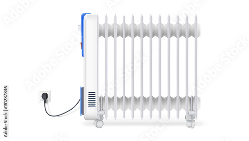 Icon of oil radiator isolated on horizontal white background. White, electric oil filled heater. Vector, resizable symbol of convector.