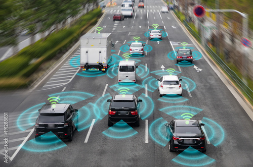 Sensing system and wireless communication network of vehicle. Autonomous car. Driverless car. Self driving vehicle. photo