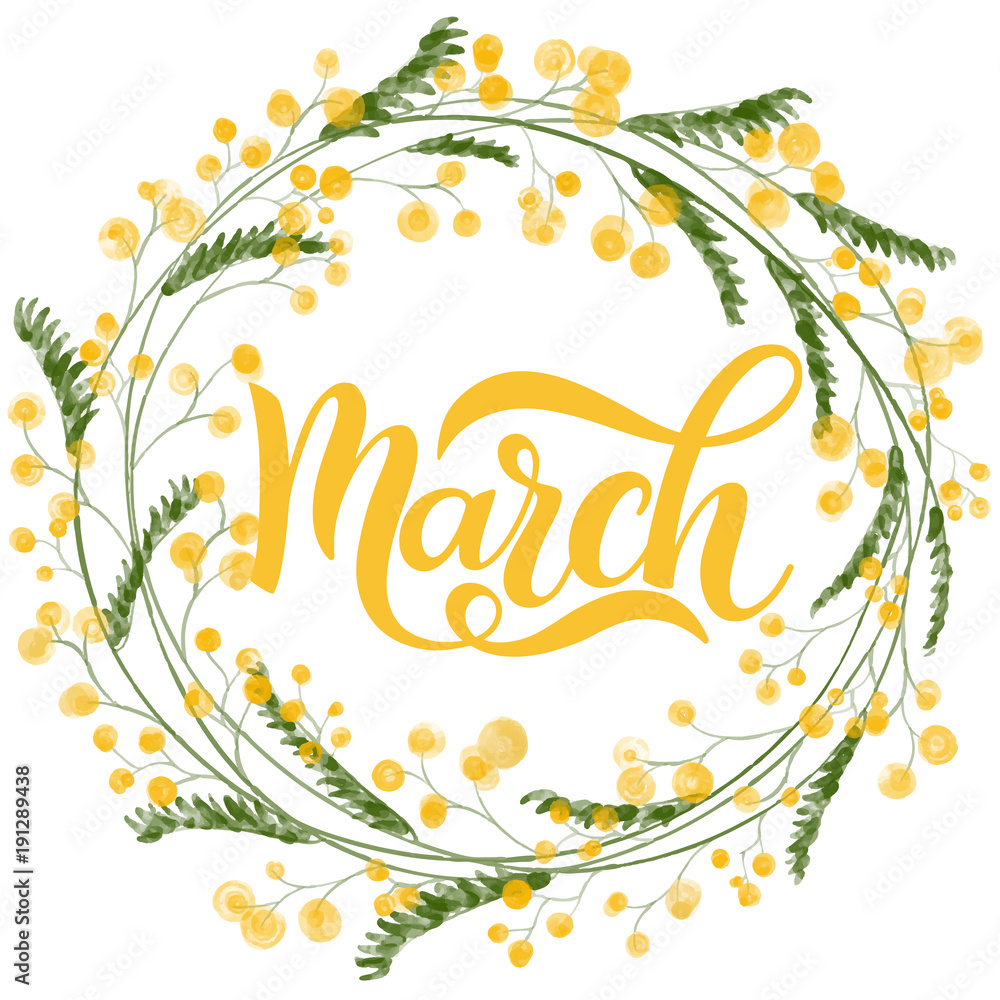 Hello March spring lettering. Elements for invitations, posters, greeting cards