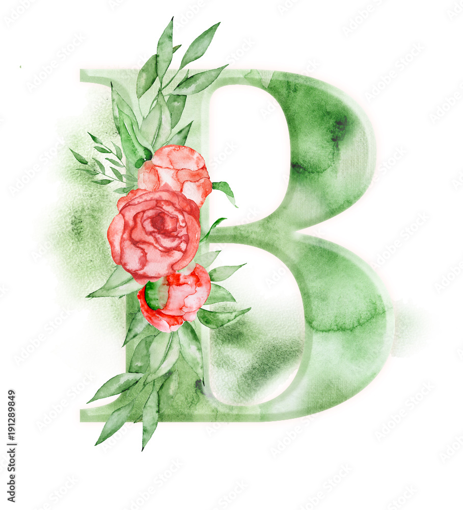 Floral watercolor alphabet. Monogram initial letter B design with ...