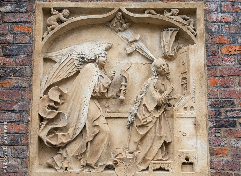 14th century gothic St. Elisabeth Church, relief on facade, Market Square, Wroclaw, Poland
