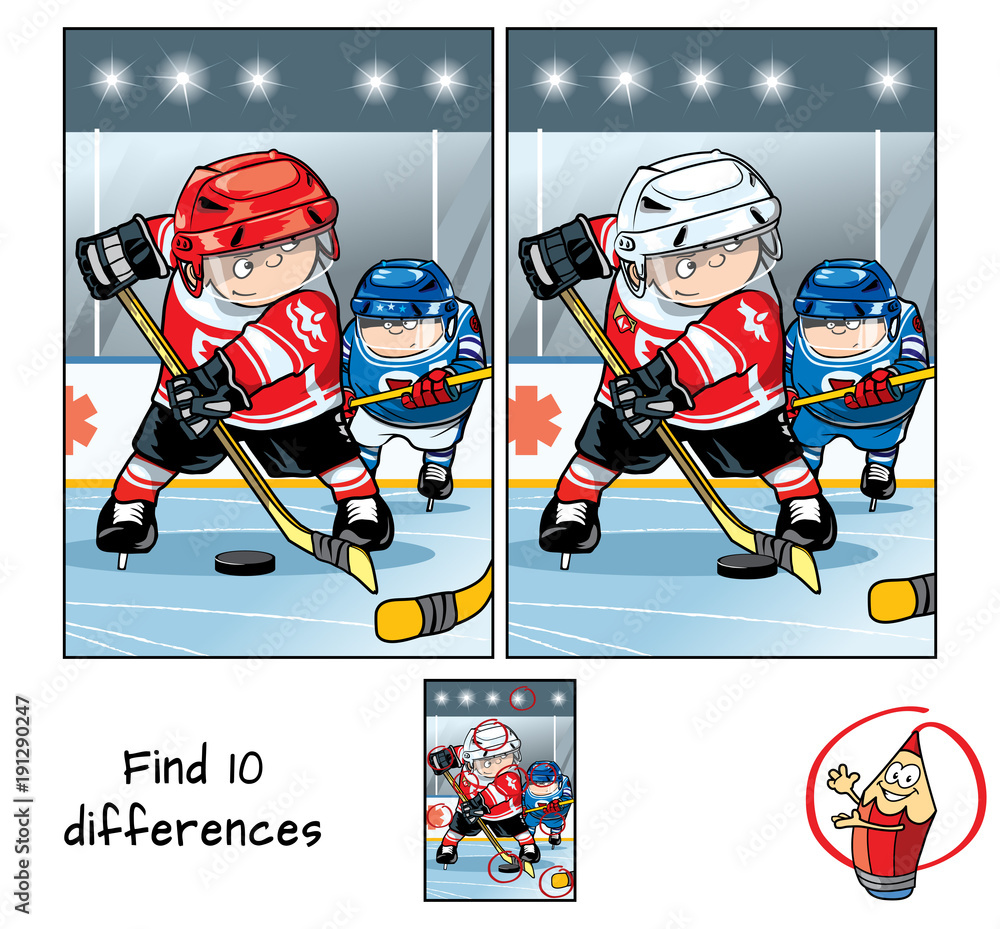 Naklejka premium Two hockey players on the hockey field. Find 10 differences. Educational game for children. Cartoon vector illustration